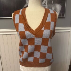 Neon Soul Rust Orange Light Blue Checkered Acrylic Sweater Vest Size Medium